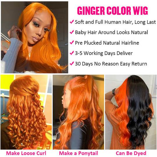 Orange Ginger Color 13*4 HD Transparent Lace Front Wigs 30 Inch Body Wave Pre Plucked Human Hair Wigs Remy Glueless Lace Wigs
