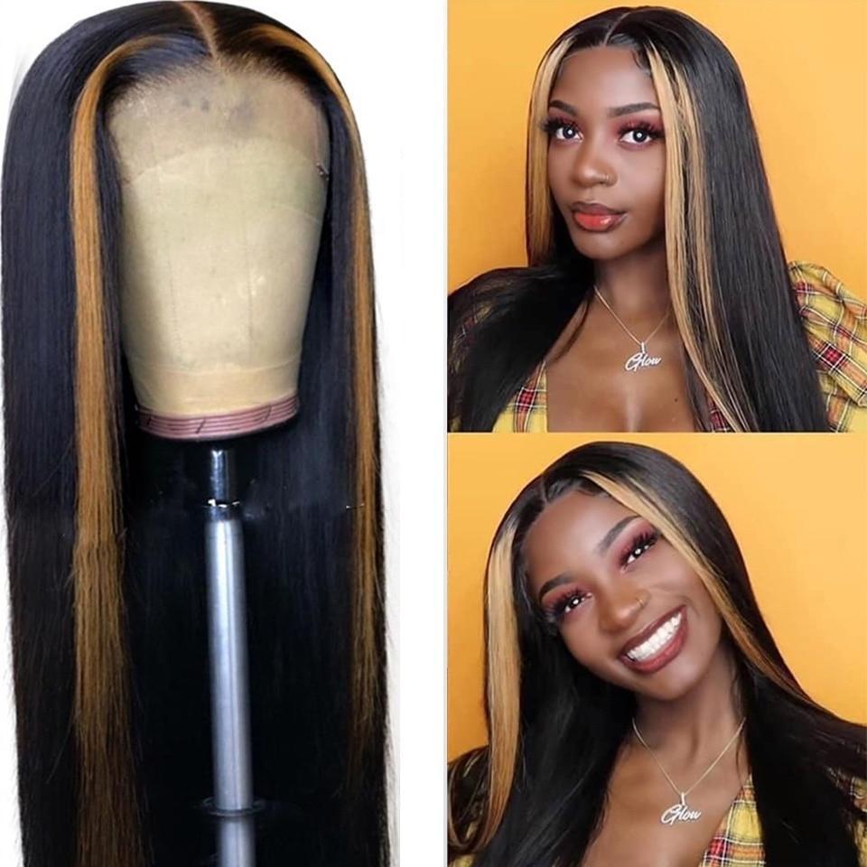 Vrvogue Hair Straight Hair Natural Black With Blond Brown Highlights  Brazilian Remy 13x4/T Part/4x4  Lace Front Wigs Human Hair Wigs