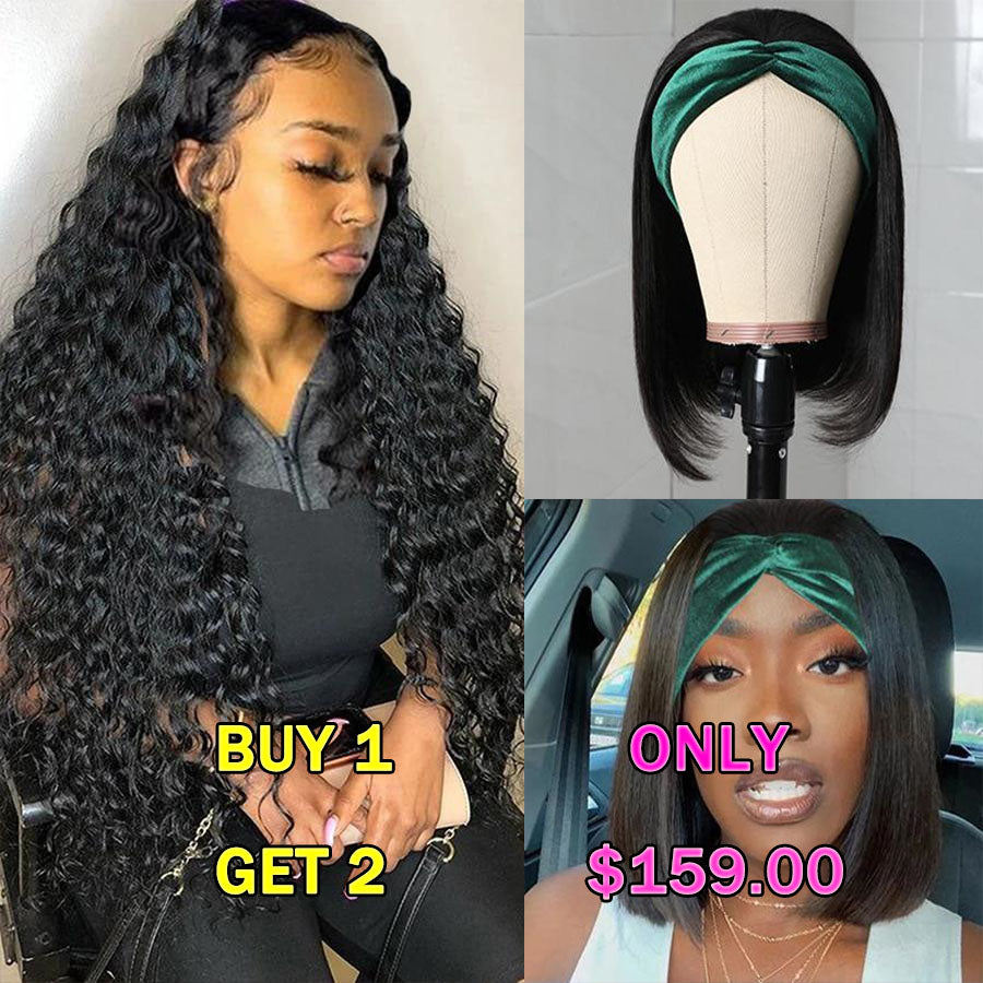 Buy One 180% Density Transparent 4*4  Lace Closure Curly Wigs Get One Free Straight Headband Bob