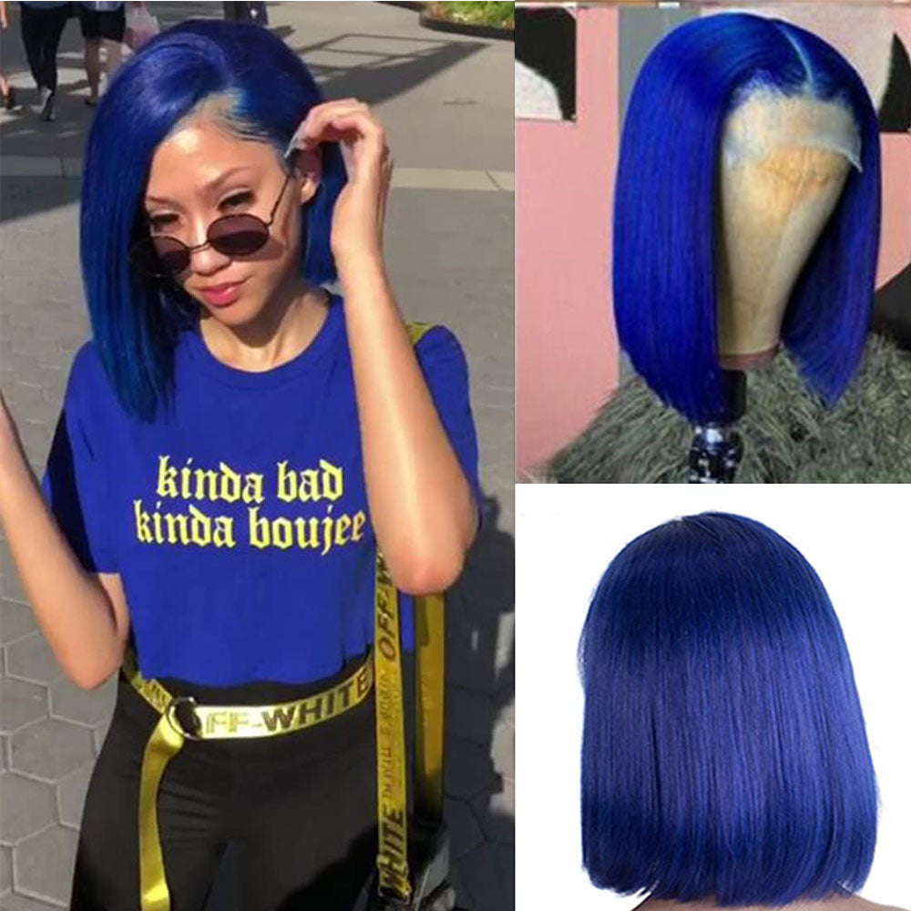 Blue Straight Hair Wigs 13*4/4*4 HD Transparent Lace Front Short Bob Wigs 180 210 Density Human Hair Wigs Vrvogue Hair