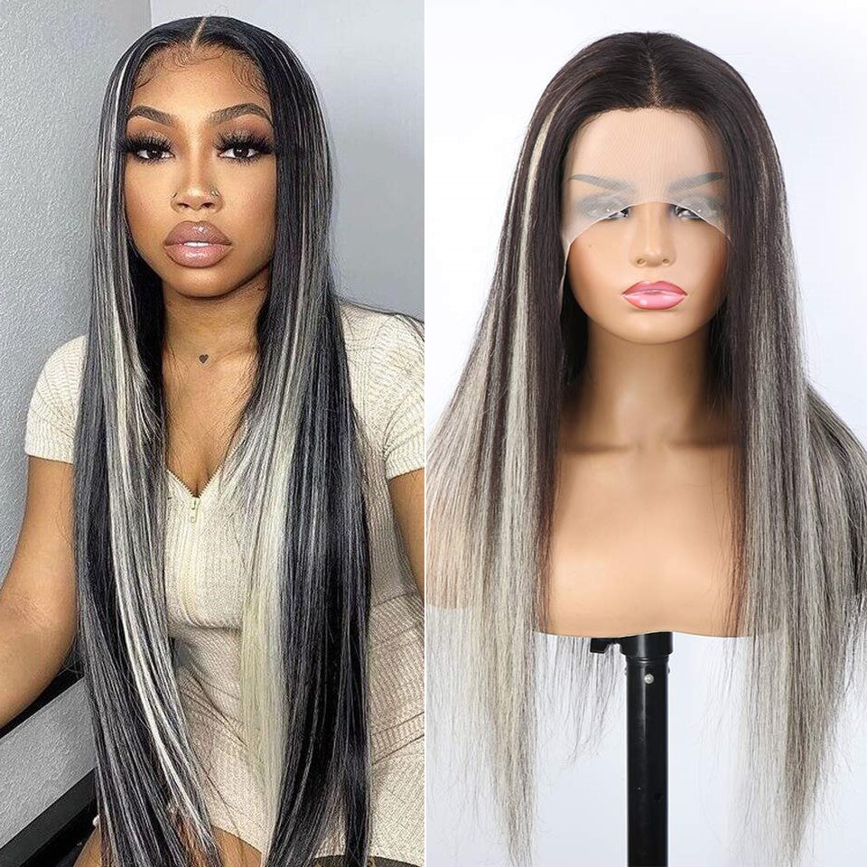 Straight Hair Highlights Blonde Ombre Half Black Hair 13*4  HD Transparent Lace Front Wigs 250 Density Human Hair Wigs 30 Inch