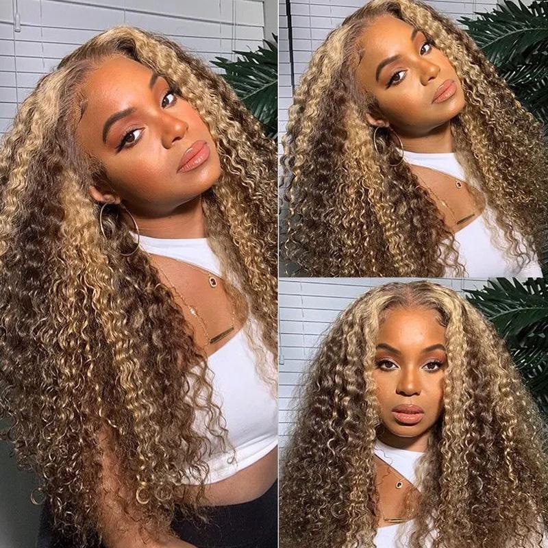 Honey Blonde Highlight Pre Plucked 13x4 / T Part / 4x4 Lace Wigs Ombre Color Long Curly Human Hair Wigs