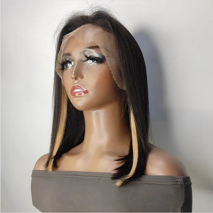 Straight Frontal Bob Wig With Blonde Money Piece Highlight Streaks In Front Pre Plucked with Baby Hair