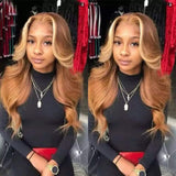 30 Inch 210% Density Gold Mix Brown Highlight Wigs 13x4/T Part Transparent Lace Front Wigs Body Wave Virgin Hair Pre-Colored Human Hair