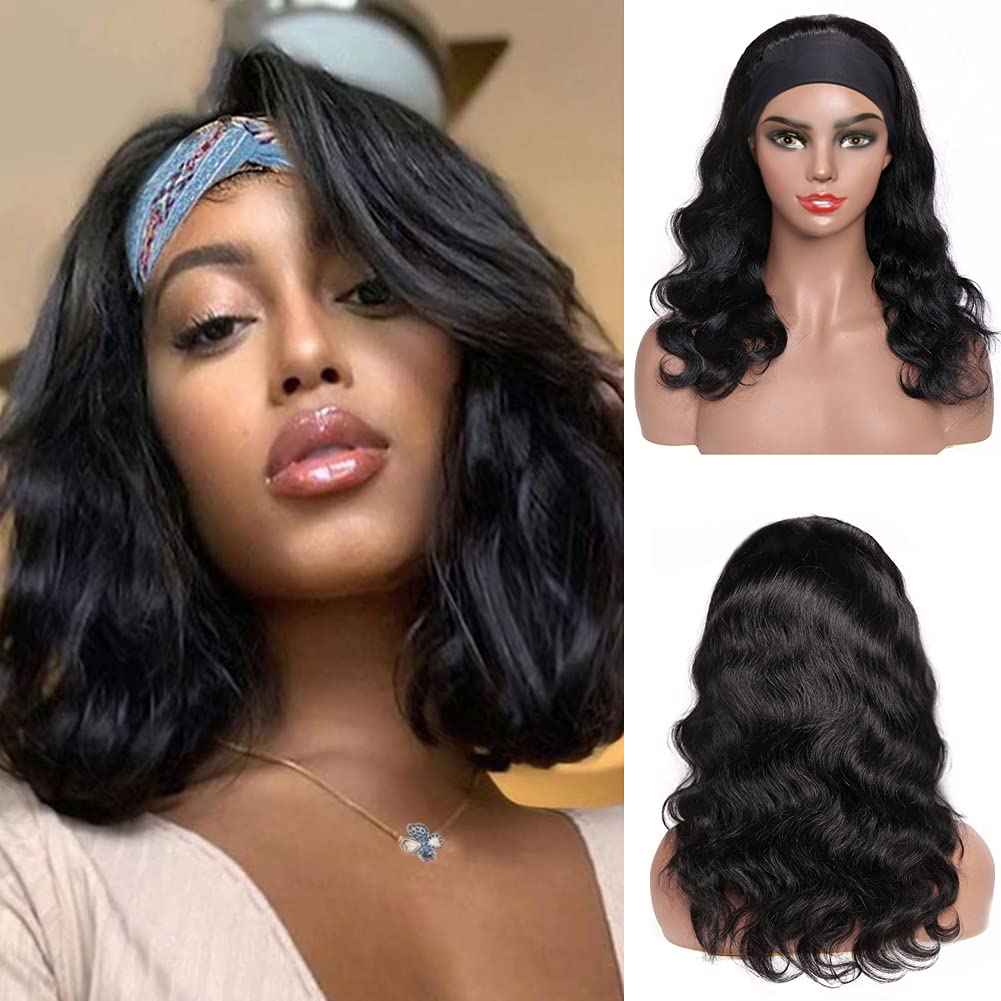 Body Wave Bob Wig With Scarf Glueless Headband Wig 180 Density Natural Color Human Hair Wigs