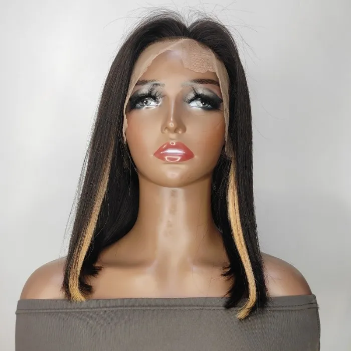 Straight Frontal Bob Wig With Blonde Money Piece Highlight Streaks In Front Pre Plucked with Baby Hair