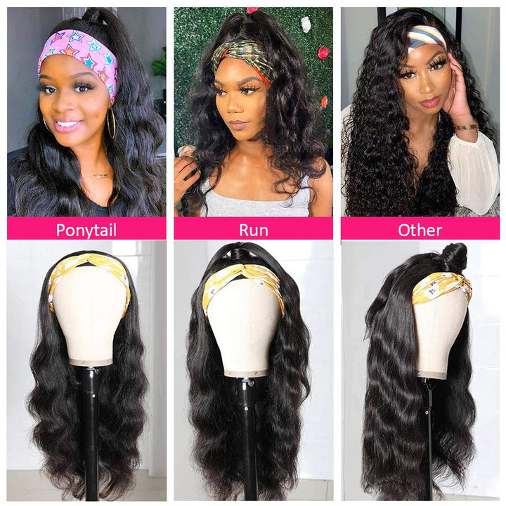 Body Wave Hair Wigs Glueless Headband Wigs 180 210 Density Natural Color Human Hair Wigs