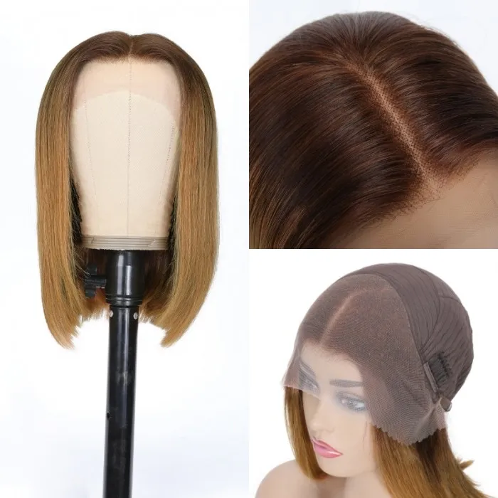 Vrvogue Hair Bob Straight Honey Blonde Wig with Brown Roots 13X4 Lace Front Wig Pre Plucked with Baby Hair