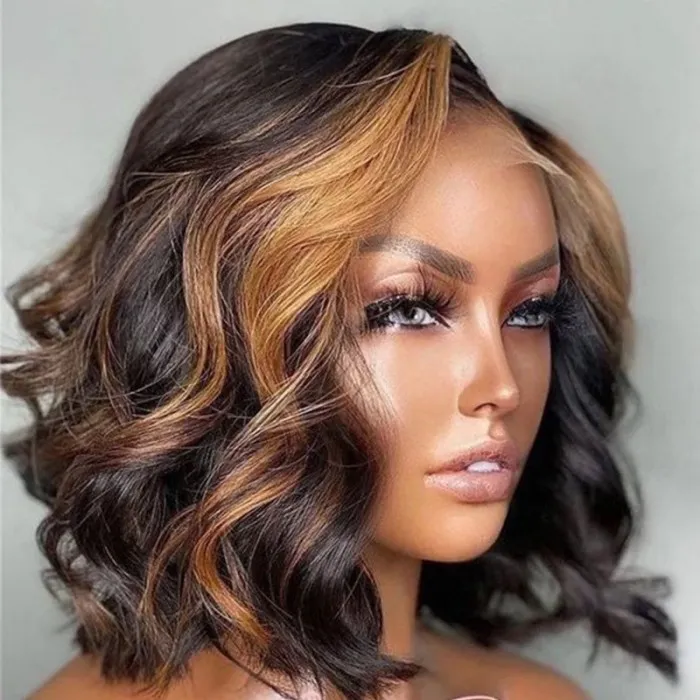 Vrvogue Skunk Stripe Hair Wig with Honey Blonde Highlights Straight Bob Human Hair Lace Frontal Wig with Streaks in Front, Spring's Prettiest Hair Color