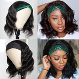 Body Wave Bob Wig With Scarf Glueless Headband Wig 180 Density Natural Color Human Hair Wigs