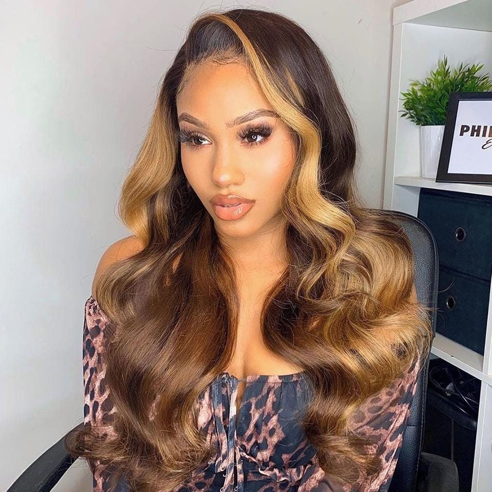Vrvogue Hair Ombre Honey Brown Highlight Wigs Body Wave Transparent 13x4/T Part/4x4 Lace WigsHuman Hair