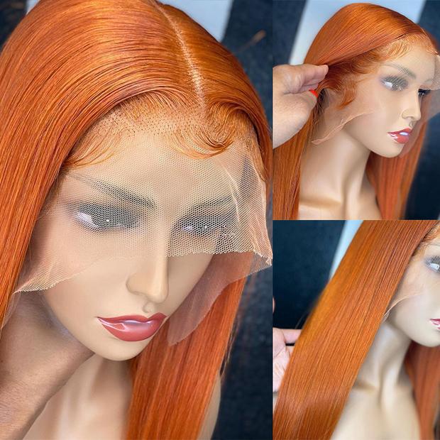 Orange Ginger Color 13*4 HD Transparent Lace Front Wigs 30 Inch Body Wave Pre Plucked Human Hair Wigs Remy Glueless Lace Wigs