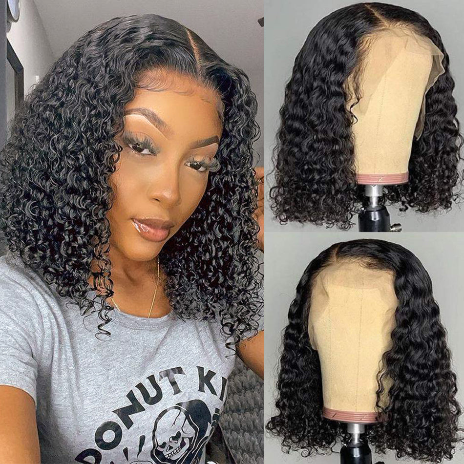 180 210 Density Curly Hair Bob Wigs 13x4/4x4 Transparent Lace Front Closure Wigs 10A Human Hair