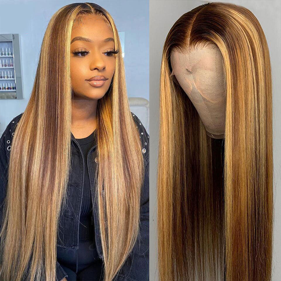 Highlight Color #4/27 Straight Hair 13*4/T Part/4*4  Lace  Wigs With Baby Hair 180 210 Density Human Hair Wigs Vrvogue hair