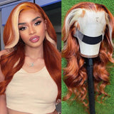 Vrvogue Hair  Orange With Brown Highlight Virgin Wigs Body Wave 13x4/T Part Transparent Lace Wigs 100% Human Hair