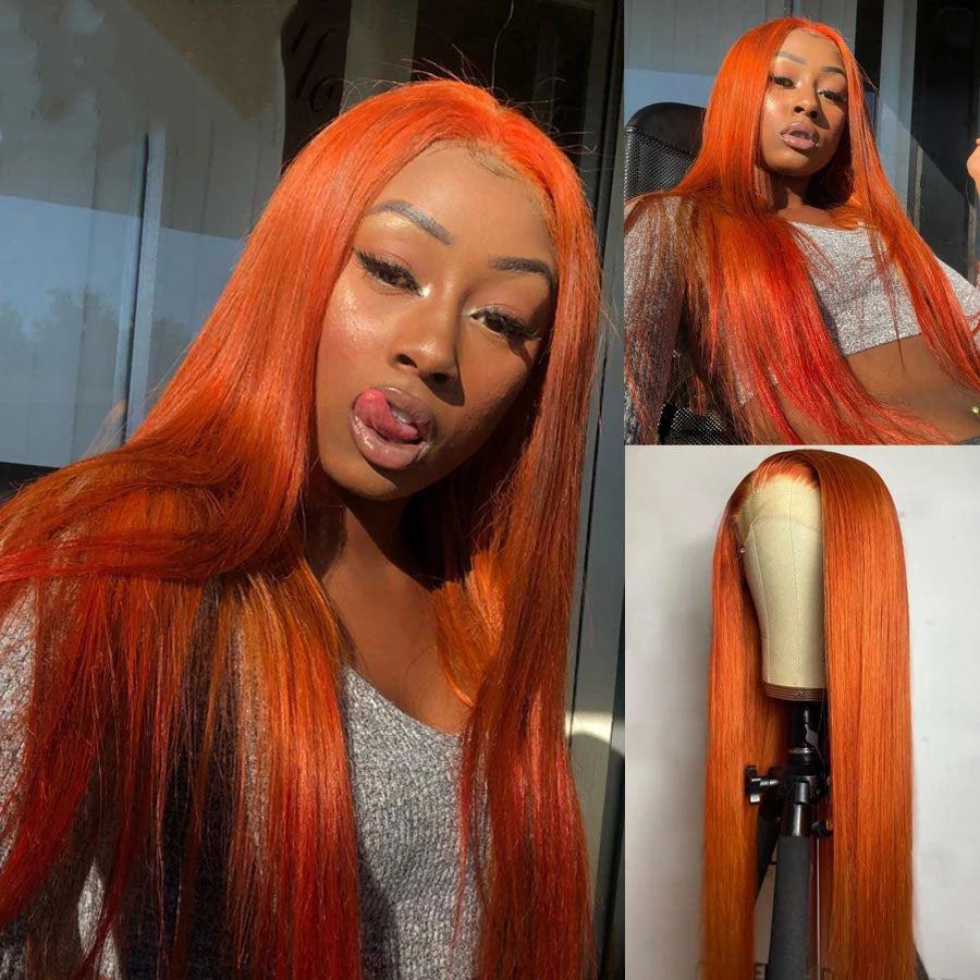 13X4 / T Part / 4X4 Ginger Orange Transparent Lace Front Wigs Long Straight Hair Pre Plucked With Baby Hair
