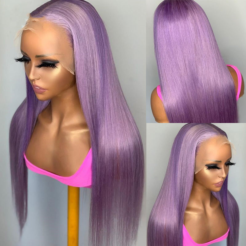 Vrvogue Hair Purple Colored Straight Hair Brazilian Remy Hair 13*4/T Part/4*4 Transparent Lace Wigs 180  210Density Human Hair Wigs