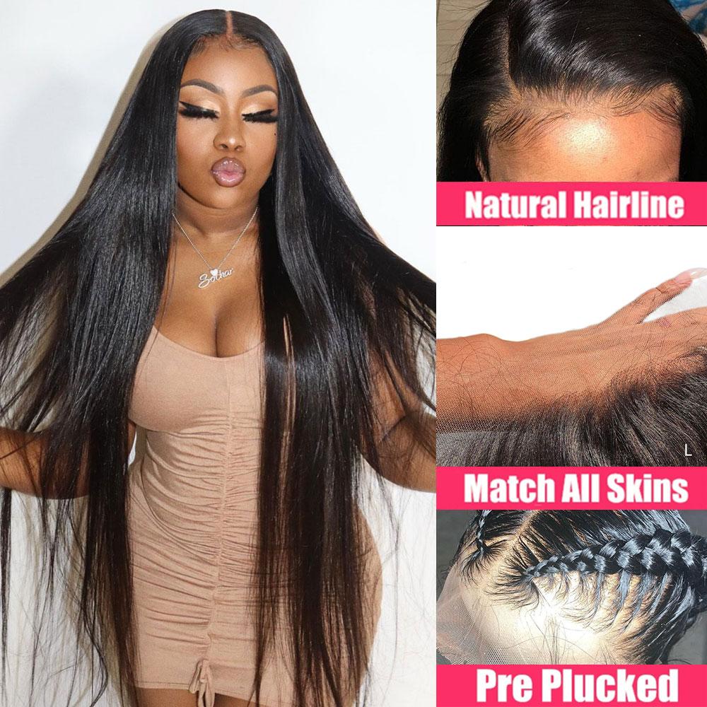 Vrvogue Hair 40 Inch 13x4 Invisible Lace Frontal Straight Hair Wigs Pre Plucked Baybyhair 100% Human Hair Wigs