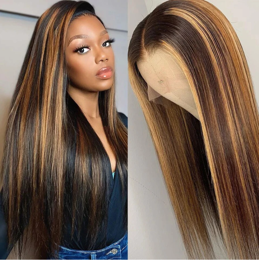Highlight Color #4/27 Straight Hair 13*4/T Part/4*4  Lace  Wigs With Baby Hair 180 210 Density Human Hair Wigs Vrvogue hair