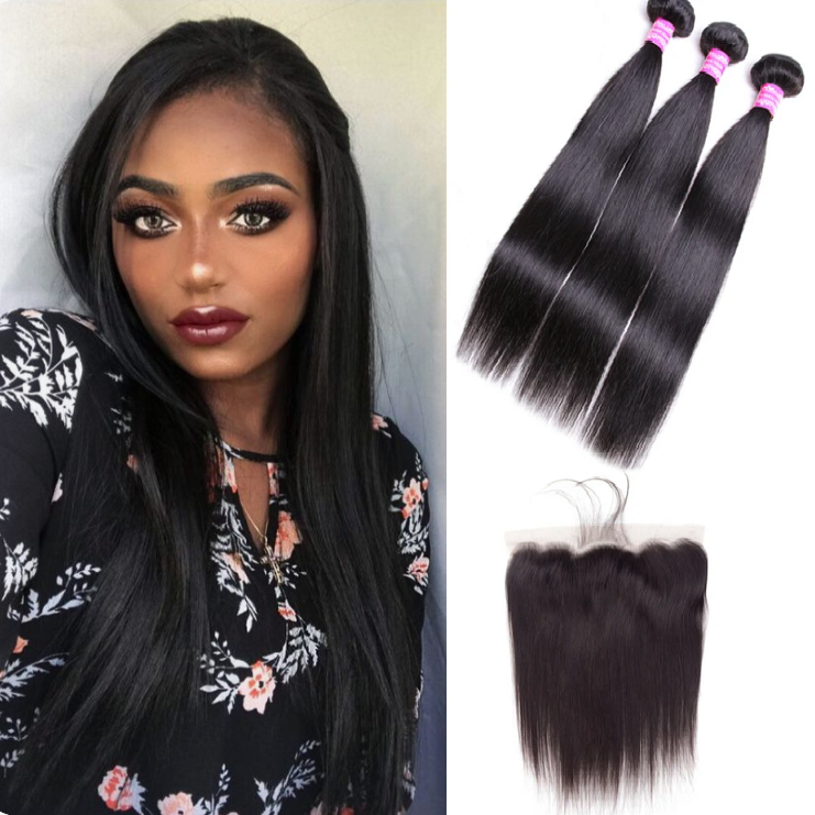 Indian Straight 3 Bundles With 13*4 Lace Frontal 10A Grade 100% Human Remy Hair Vrvogue Hair