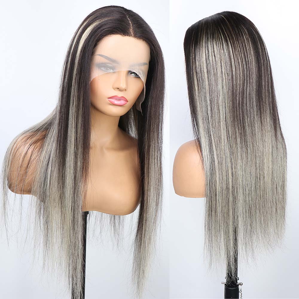 Straight Hair Highlights Blonde Ombre Half Black Hair 13*4  HD Transparent Lace Front Wigs 250 Density Human Hair Wigs 30 Inch