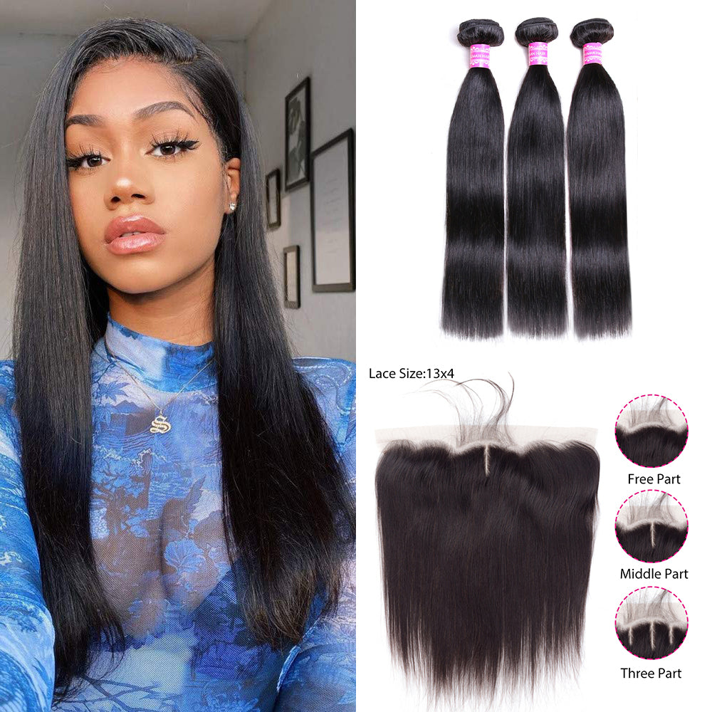 Malaysian Straight 3 Bundles With 13*4 Lace Frontal 10A Grade 100% Human Remy Hair Vrvogue Hair