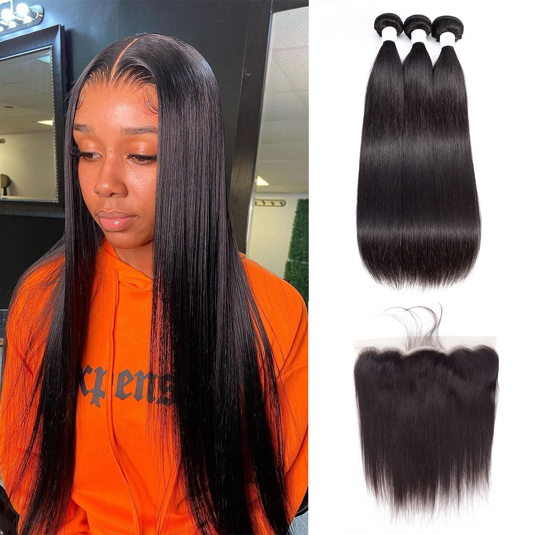 Peruvian Straight 3 Bundles With 13*4 Lace Frontal 10A Grade 100% Human Remy Hair Vrvogue Hair