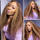 Vrvogue Honey Blonde Highlight Lace Frontal Wig Pre Plucked Jerry Curly Human Hair Wigs