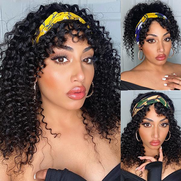 VRVOGUE Headband Wig With Bangs Brazilian Afro Kinky Curly Glueless Human Hair Wigs 180 Density Natural Color