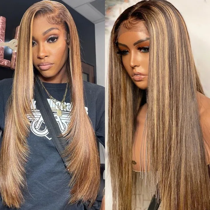 Vrvogue Hair Straight Honey Blond Highlight 13*4 Lace Front Virgin Human Hair Wigs Pre Plucked With Baby Hair