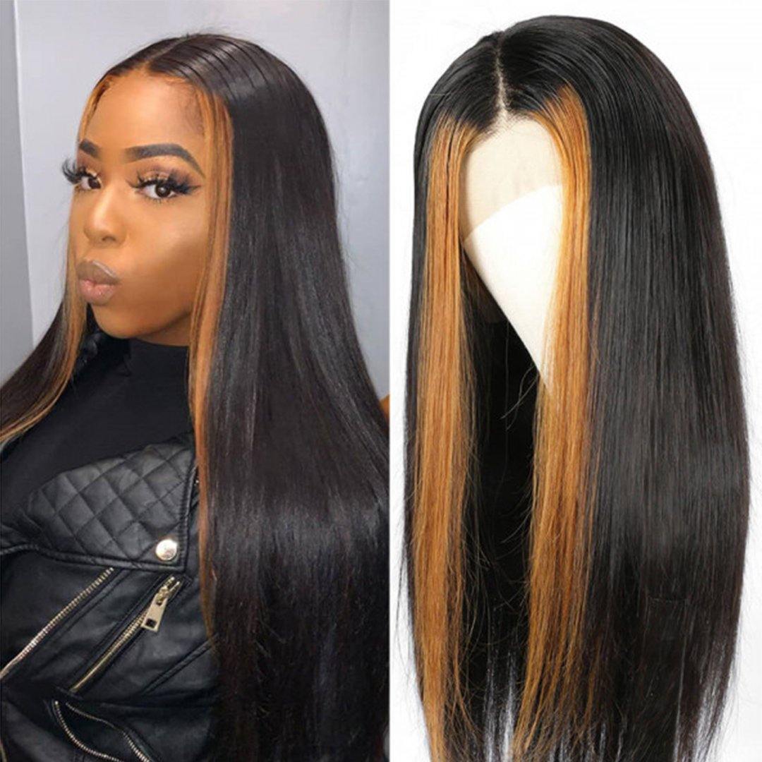 Vrvogue Hair Straight Hair Natural Black With Blond Brown Highlights  Brazilian Remy 13x4/T Part/4x4  Lace Front Wigs Human Hair Wigs