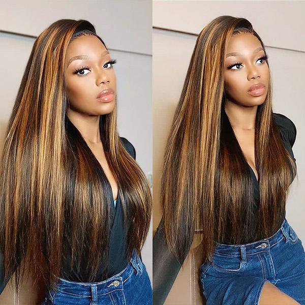Highlight Honey Blonde Straight Hair 13*4 HD Transparent Lace Front Swiss Wigs Human Hair Wigs 180 220 Density